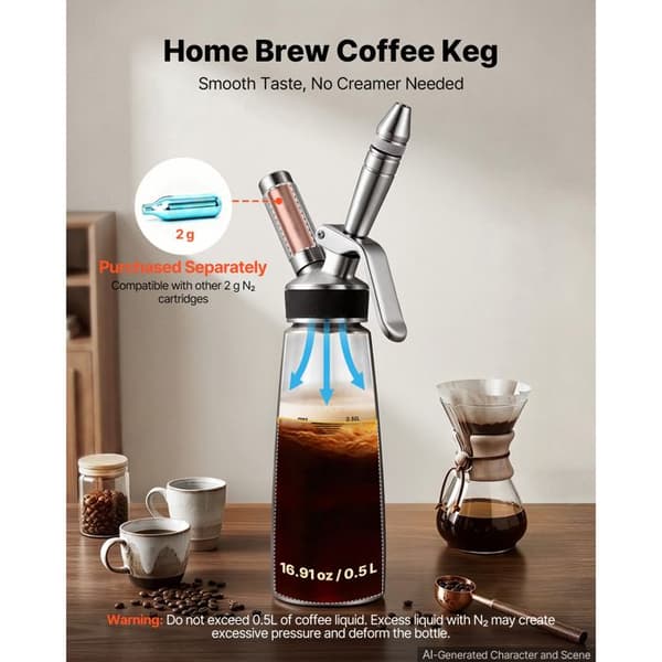 Siphon Nitro 0,5 L Bærbar Nitro Kaffemaskine - Duoku - Uden Nitrogenpatron, Ideel til Te, Hjemmelavet Juice og Camping, med Dyse