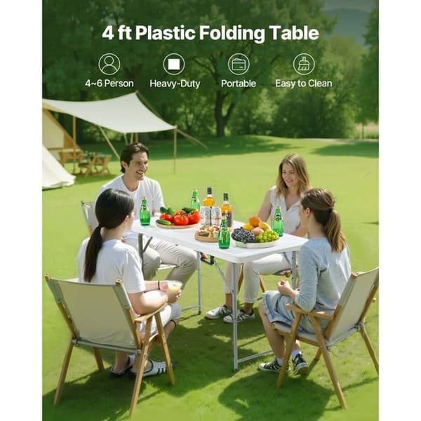 Foldable Rectangular Plastic Table-Duoku-Portable Utility Table of 122 cm-with Adjustable Height and Integrated Handle