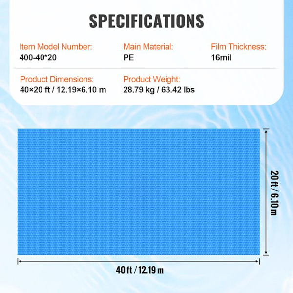 Solbeskyttelse - DUOKU - Rektangulær 40x20 Ft - 16 Mil - Poolbeskyttelse - PE