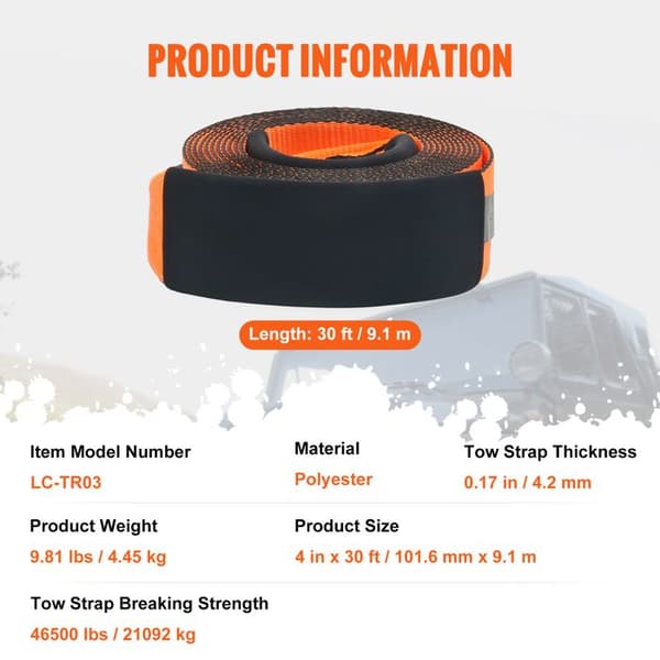 Trækstrop - DUOKU - LC-TR03 - 4" x 30' (101,6 mm x 9,1 m) - 46 500 lb - Vejrbestandig polyester