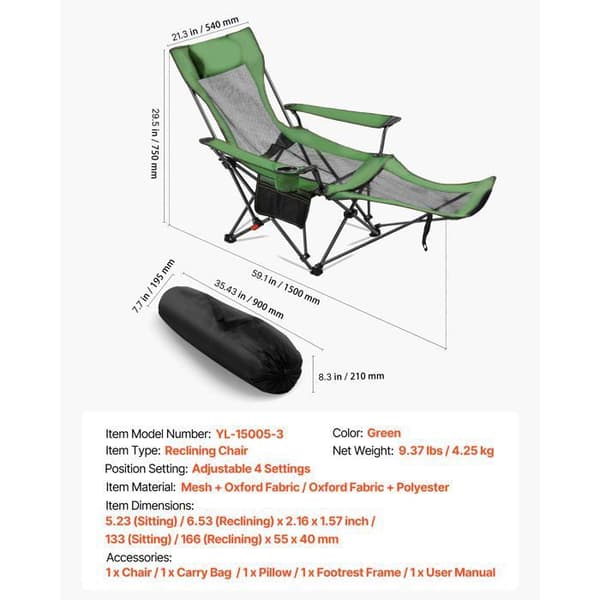 Campingfällstol Duoku - YL-15005-3 - Justerbar i 4 Positioner - Fotstöd Ingår - 100 kg Grön
