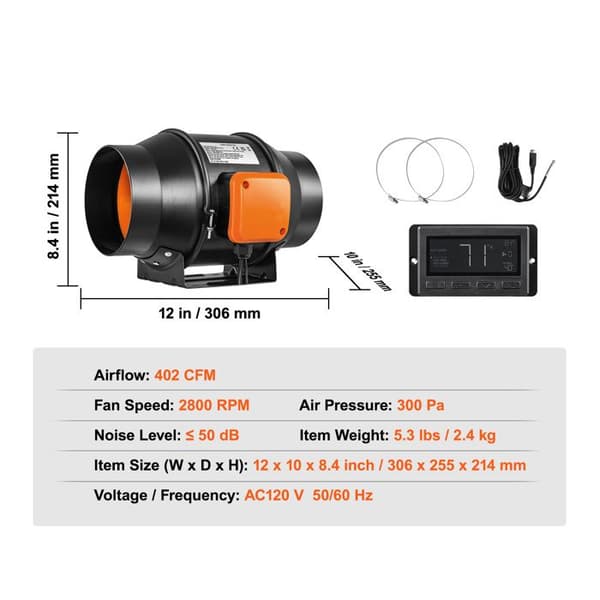 Inline Kanalfläkt - DUOKU - 15,2 cm - 402 CFM - EC-motor - Temperatur/Fuktighetskontroller