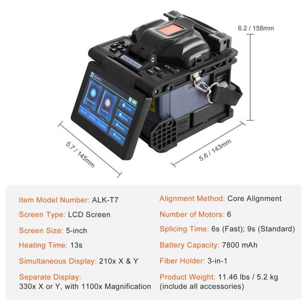 Fiber Optic Splicer 6 Motor-Duoku-Splicing 6 s and Heating 13 s-LCD Screen 5"-3 in 1 Support-7800 mAh Battery