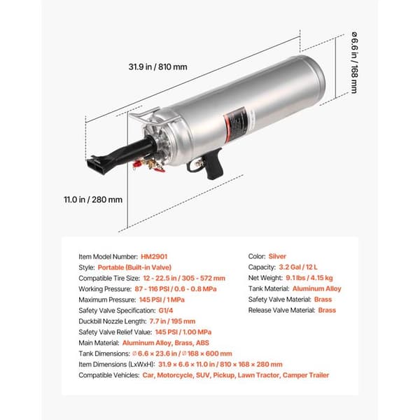 Däckpump - DUOKU - HM2901 - 12 L - Drifttryck 0,6–0,8 MPa (87–116 PSI) - Däck 12–22,5 tum