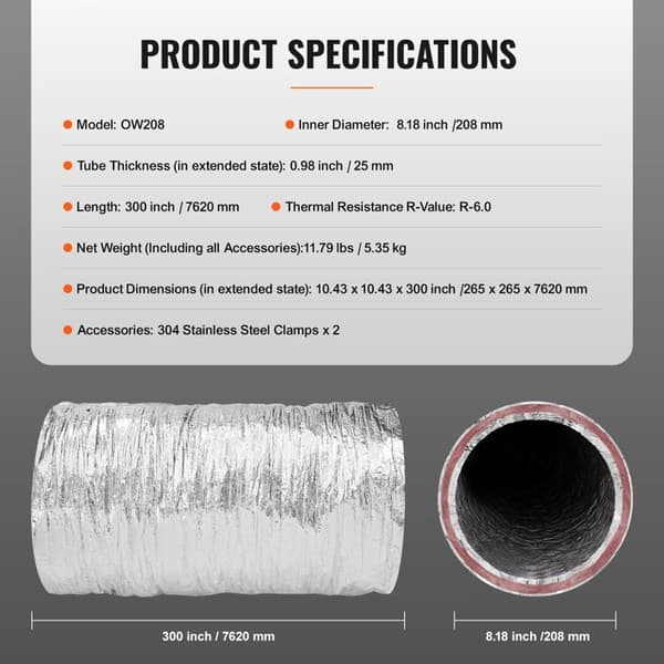 Ventilationsrör - DUOKU - 203,2 mm - Isolerad Flexibel 7,62 m - R-6.0 - Tre Lager Skydd