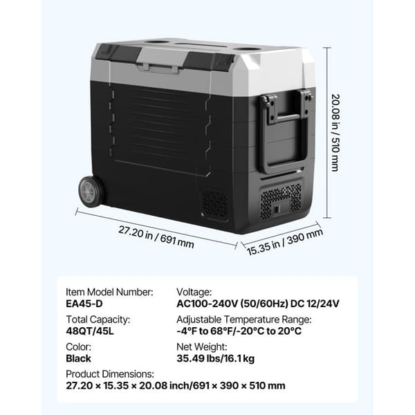 Bærbar Kompressor Køleskab 45 L-Duoku-Elkøler DC 12/24 V og AC 100-240 V, Ideel til Camping