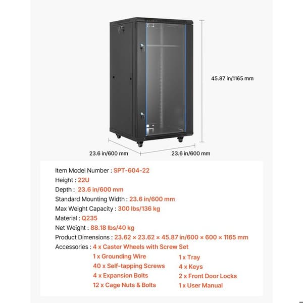 22U-Duoku-Væg Server Rack-Skabsnet-Wall Rack-Dybde 60 cm-Kapacitet 136 kg