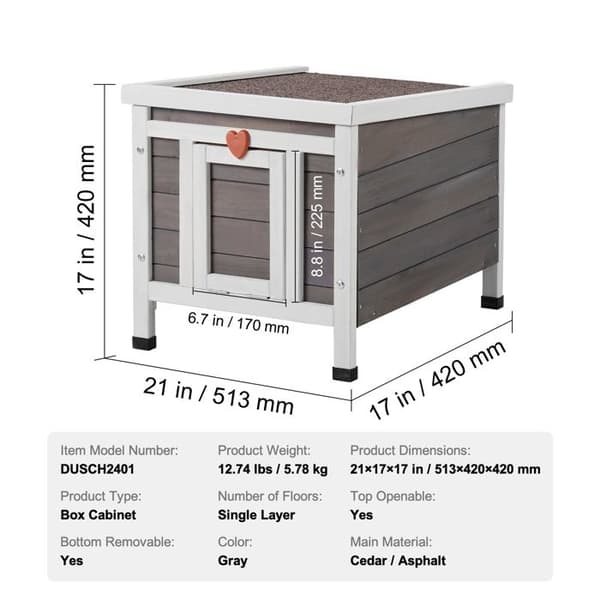 Udendørs kattehus - DUOKU - Træhus - Vejrbestandig - 21x17x17 tommer - Grå Grå