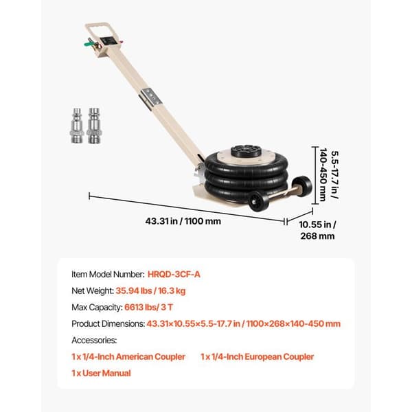 Pneumatisk domkraft 3 T - DUOKU - HRQD-3CF-A - 3 t - 140-450 mm - 6 stålrör