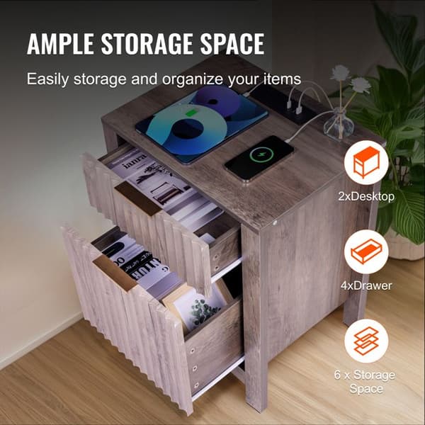 Side Table - DUOKU - Set of 2 - Square - USB Ports - Storage Cabinet Grå