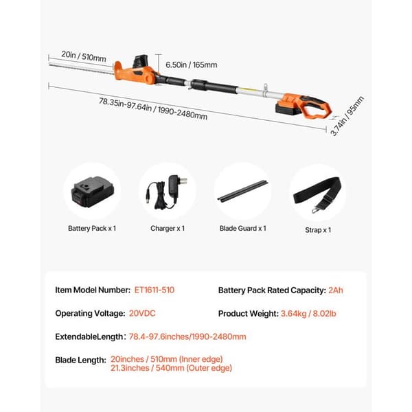 Elektrisk häcksax - DUOKU - Utdragbar stång - 20 V - Blad 510 mm - 5 justerbara vinklar