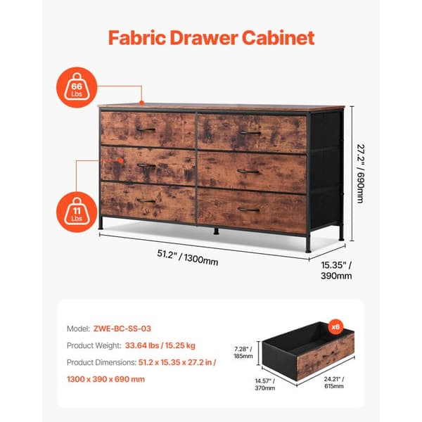 Commode - DUOKU - ZWE-BC-SS-03 - 6 Skuffer - 130x39x69 cm - Opbevaringsmøbel