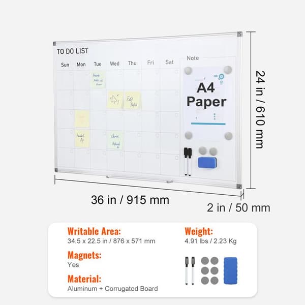Magnetisk Whiteboard - DUOKU - 36 x 24 in - Torrtavla - Med Kalender - Flyttbar Platta