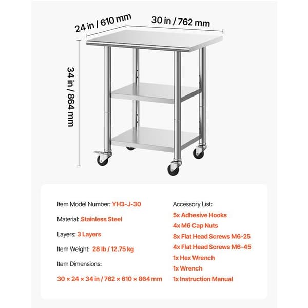 Professionelt køkkenarbejdsbord - DUOKU - YH3-J-30 - Rustfrit stål - 3 niveauer - 76,2x61x86,4 cm