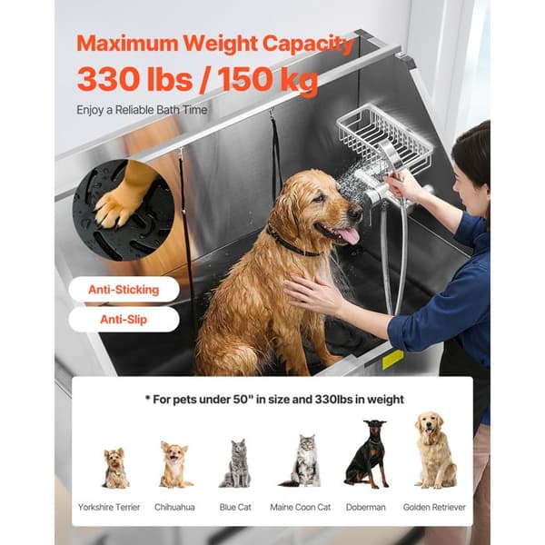 Hundebadekar i Rustfrit Stål-Duoku-127 cm med Filtreringspanel, Vandhane, Håndbruser-Højre