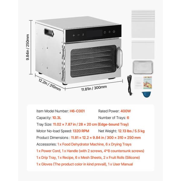 Maddehydrator - DUOKU - H6 - 6 hylder i rustfrit stål - 400W - Justerbar temperatur