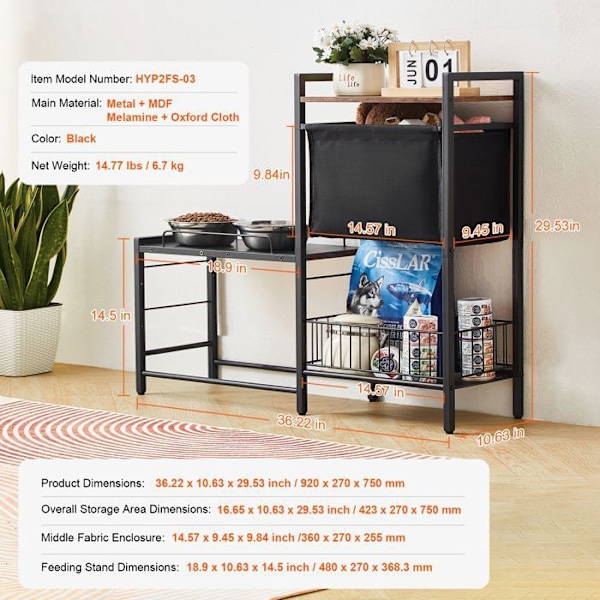 Foderstation - DUOKU - HYP2FS-03 - Integreret opbevaring - Hævet - Til mellemstore hunde svart