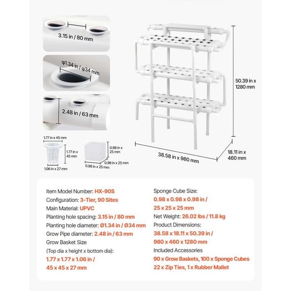 Hydroponisk NFT dyrkningskit - DUOKU - HX-90SE - 3 niveauer - 90 pladser - PVC-U rør