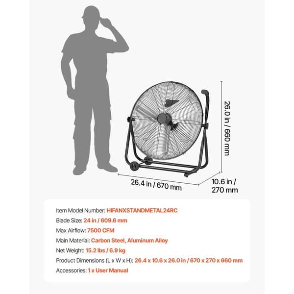 Gulvventilator 60,96 cm - Duoku - Industriel Højhastighedsmodel 12743 m³/h, 3 Hastighedsniveauer, Blade i Aluminiumlegering