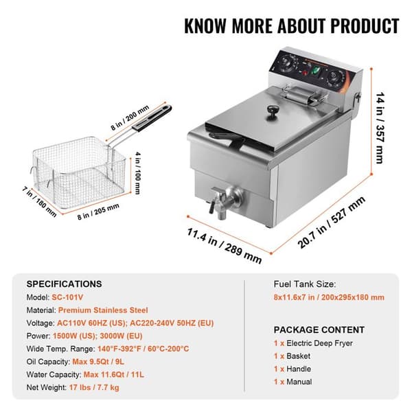 Kommerciel Elektrisk Frituregryde - DUOKU - SC-101V - 9 L - 3000 W - Rustfrit Stål