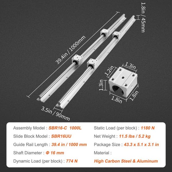 Linear Guide Rail Set-Duoku-2 SBR16 Rails 39,4 in-4 SBR16UU Sliding Blocks-CNC Router Machines