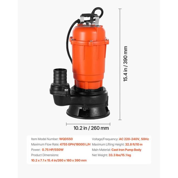Undervattenspump - DUOKU - WQD550 - 550 W - Flöde 18 000 L/h - Höjd 10 m