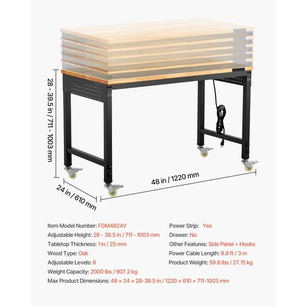 Garage Workbench-Duoku-With Wheels and Adjustable Height-Load Capacity 907.2 kg-Equipped with an Electrical Socket