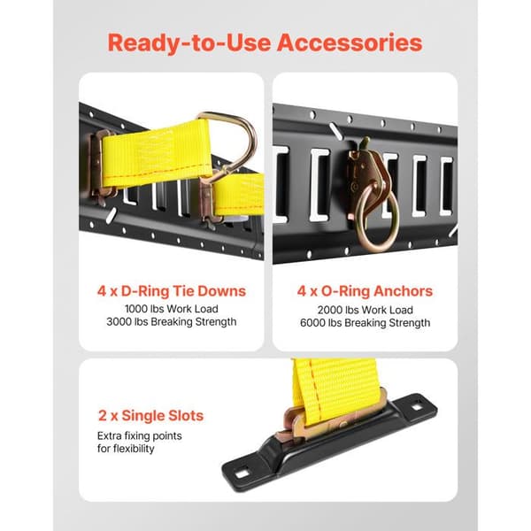 E-Track Arrangering Sæt - 4 Rails på 0,6 m - 20 Tilbehør Inkluderet: 2 Ratchet Stropper - 4 D-Ringe - 4 Kroge osv.