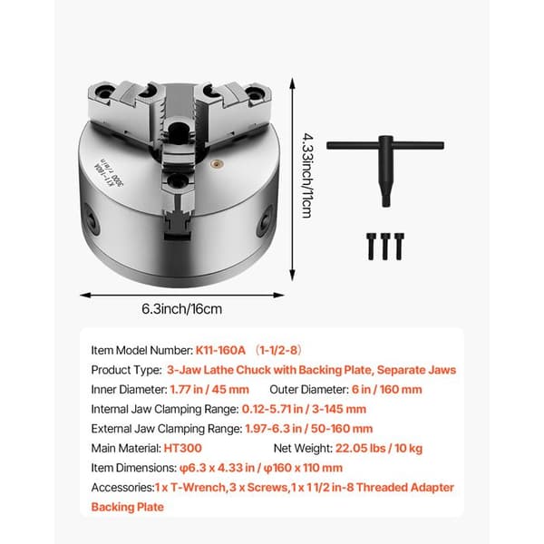 Treklämschuck - DUOKU - K11 160A - 160 mm - HT300 - Klämområde 3–145 mm