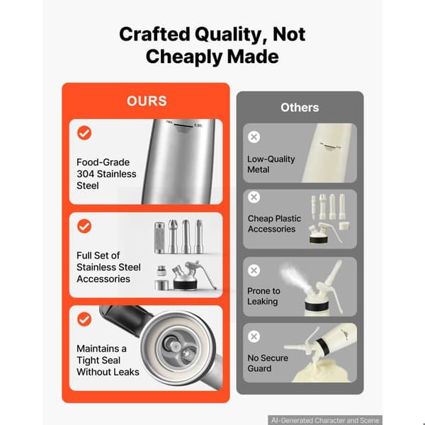 Flødeskumssyphon 500 mL - Duoku - Ideel til Kaffe og Bagværk, Designet til Entusiaster. Fremstillet i Rustfrit Stål 304.