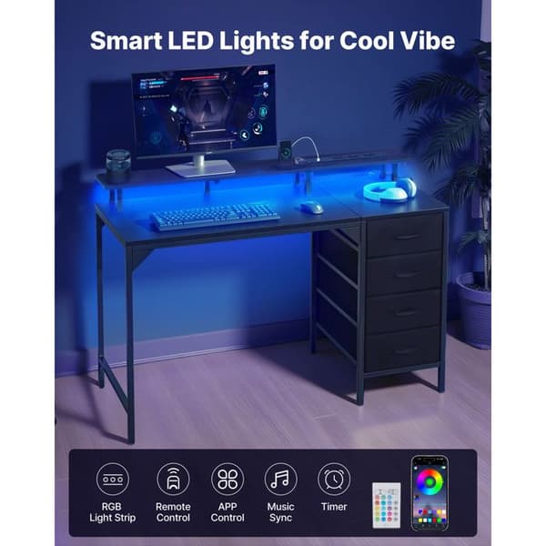 Computer Desk 120 cm-Duoku-with Integrated LED Lighting and Electrical Outlets-with 4 Spacious Drawers-Black