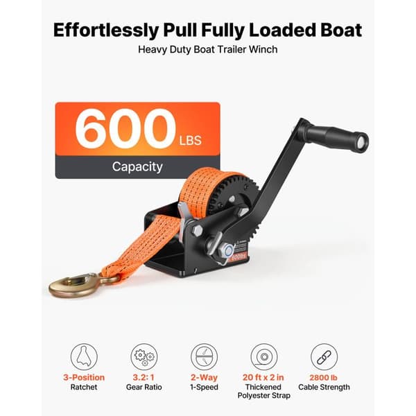 Manuel Winch 272 kg-Duoku-Bådtrailer Winch med 6,1 m Orange Polyester Rem, Egnet til Både og Træk