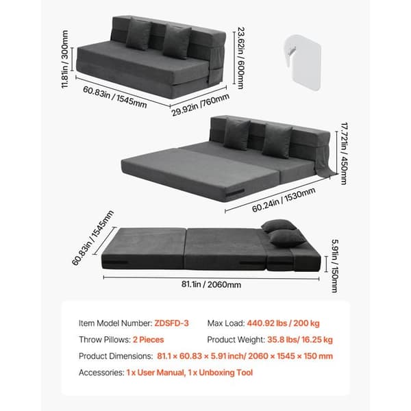 Soffa-säng Fällbar 3 i 1 - DUOKU - Mörkgrå - Minnesskum - 2 Kuddar - 200 kg Mörkgrå