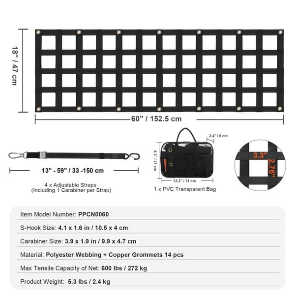 Hayon-Duoku filet-60 po x 18 po-Robust til lastbilplatform-4 stropper-justerbar