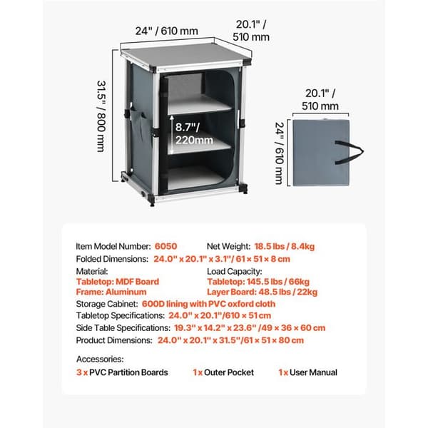 Fällbar campingkök - DUOKU - 6050 - Aluminiumstruktur - 3 fack - Bärbar förvaring