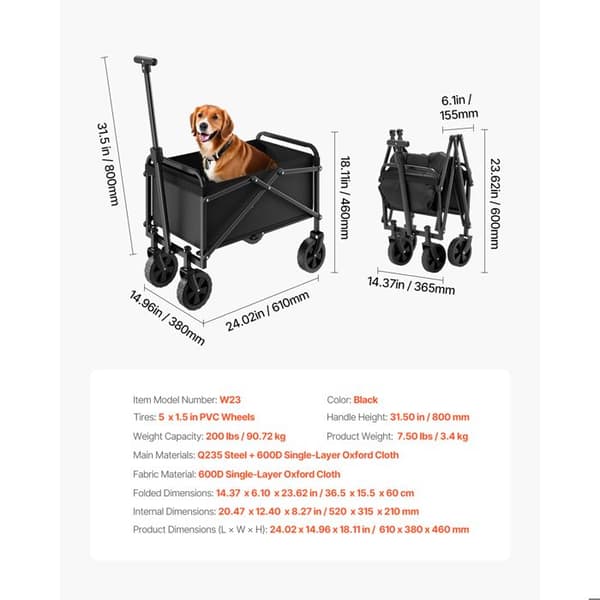 Havevogn - DUOKU - Model W23 - Sammenklappelig - 80 L - Kapacitet 200 lb - Sort Svart