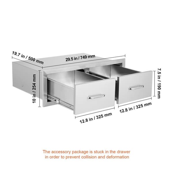 Skuffer til BBQ-Ø-30" B x 10" H x 20" D - Horisontale adgangsskuffer - til dobbelt rustfrit stål BBQ