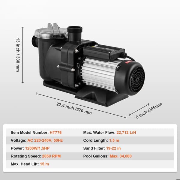 Pool Pump Above Ground - DUOKU - HT776 - 1,5 HK - 110 GPM Max Flöde - 15 m Tryckhöjd