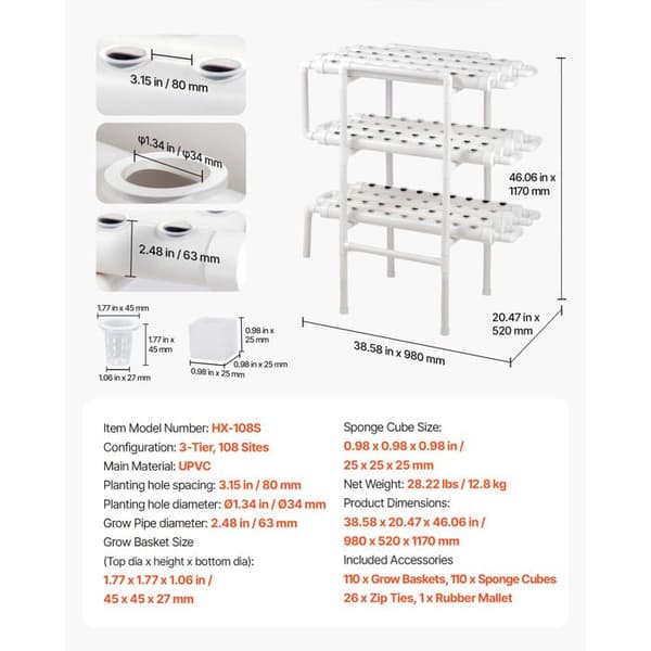Hydroponisk kit NFT - DUOKU - HX-108SE - 3 nivåer - 108 platser - Opaque PVC-U rör