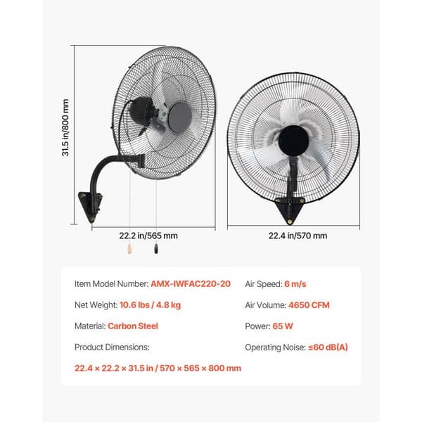 Vægmonteret industriel ventilator 50 cm - DUOKU - AMX-IWFAC220-20 - 65 W - 3 hastigheder - 4332 m³/h