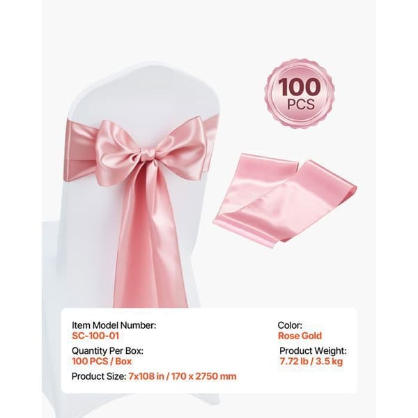 Set med 100 eleganta satinsstolsnoder i rosa - Duoku - 17 x 275 cm - för att dekorera stolar vid bröllop