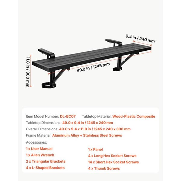 Bord til Balkon 124,5x24 cm - Duoku - Belastningsevne 27 kg, Egnet til Terrasser, Have og Udendørs Gelændere