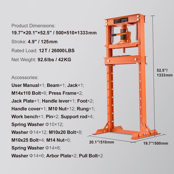 Hydraulisk Press med H-ram i Duoku-12 Tonnen - Justerbara Stansplåtar för Garage och Verkstad