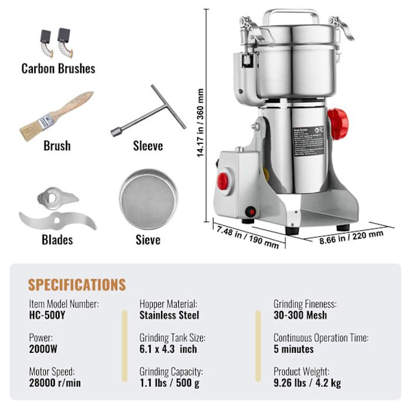 Mølle til Korn - DUOKU - HC-500Y - 2000 W - Rustfrit Stål - 500 g