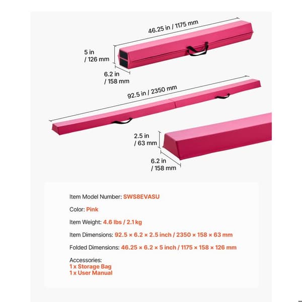 Fällbar Gymnastikbalk - DUOKU - 2350 mm - Halkfri - Stöd 90,7 kg - Transportväska