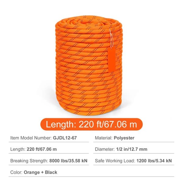 Polyesterlina - DUOKU - 1/2" x 220 ft - 8000 LBS - Flätad - Utomhusäventyr orange + svart