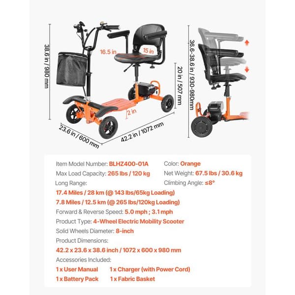 Fällbar Elektrisk Mobilitets-scooter med 4 Hjul, Terräng-Duoku, Maximal Lutning 8°, Maximal Last 120 kg