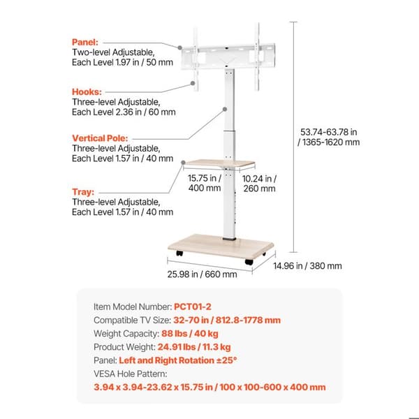 Support TV Mobil - DUOKU - PCT01-2 - Kompatibel 32-70 tommer - 25° tilpasning - Justerbar højde