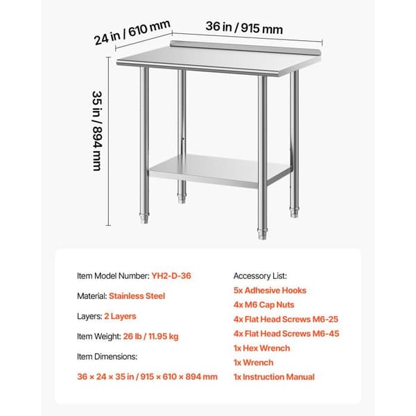Arbejdsmaskine i Rustfrit Stål-Duoku-til Professionelt Køkken, Dimensioner 91,5x61 cm, med 2 Niveauer og Sprøjtbeskyttelse