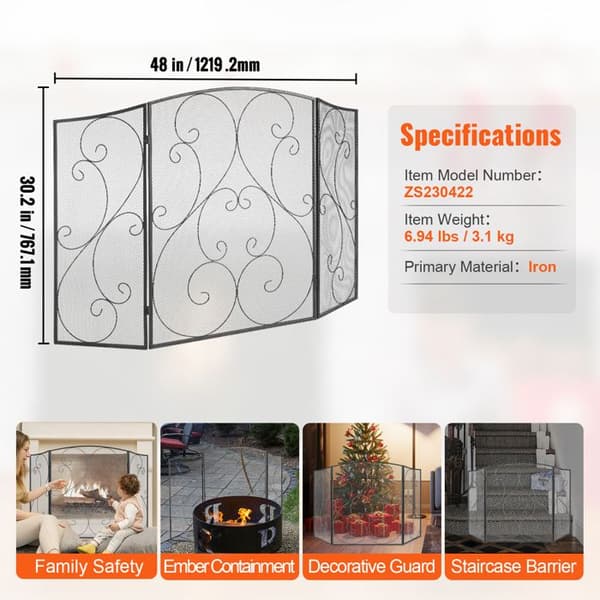 3-panel gnistbeskyttelse i robust metalnet - Duoku - 122 x 76,7 cm - uden samling - selvbærende hegn til stuedekoration